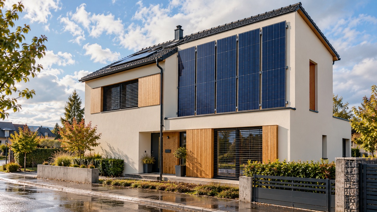 Ilustrační rodinný dům s fotovoltaickými panely na fasádě.