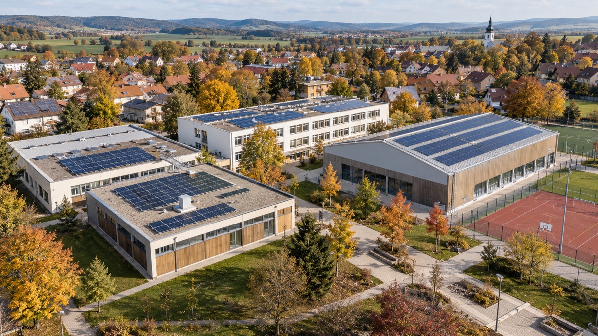 Ilustrační soubor veřejných budov se střešními fotovoltaickými instalacemi.