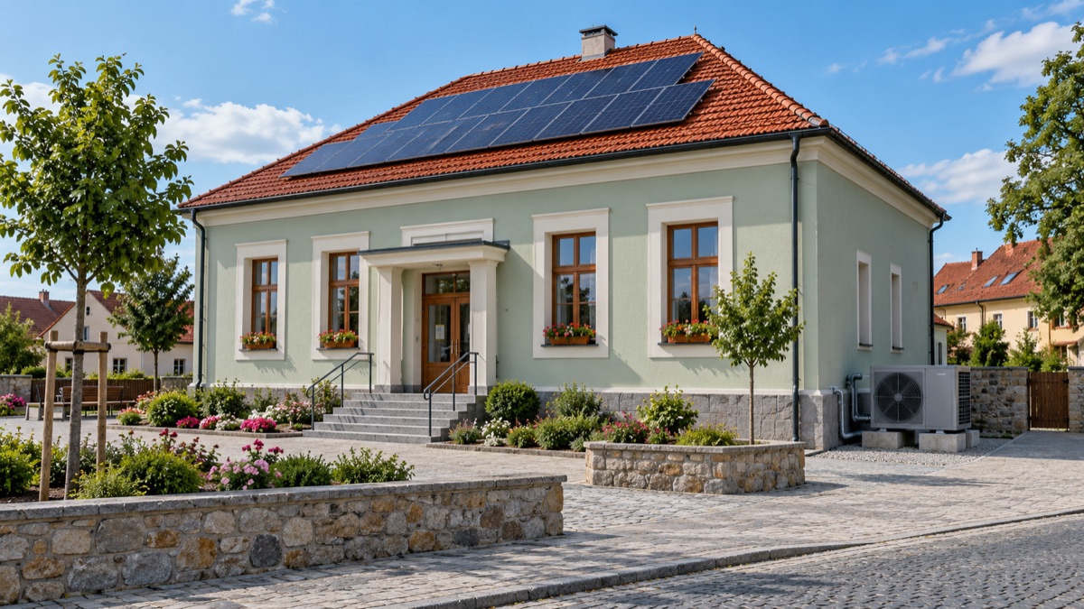 Ilustrační obecní úřad s fotovoltaickými panely a venkovním tepelným čerpadlem.