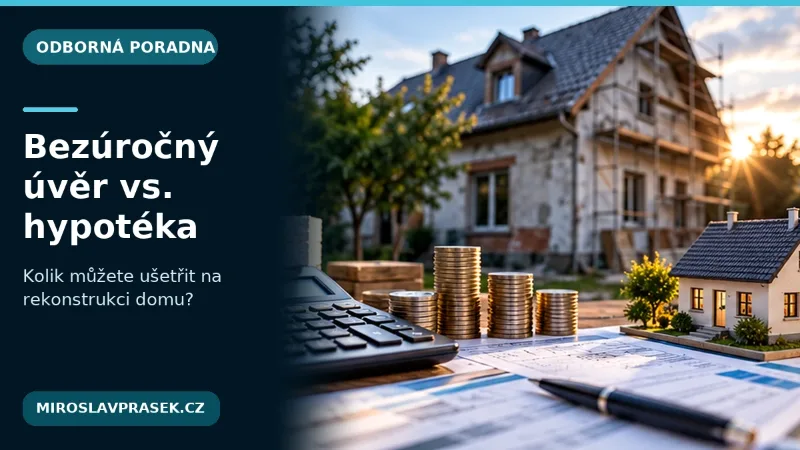Kalkulačka a model rodinného domu u rozpočtu rekonstrukce, ilustrace porovnání úvěru a hypotéky